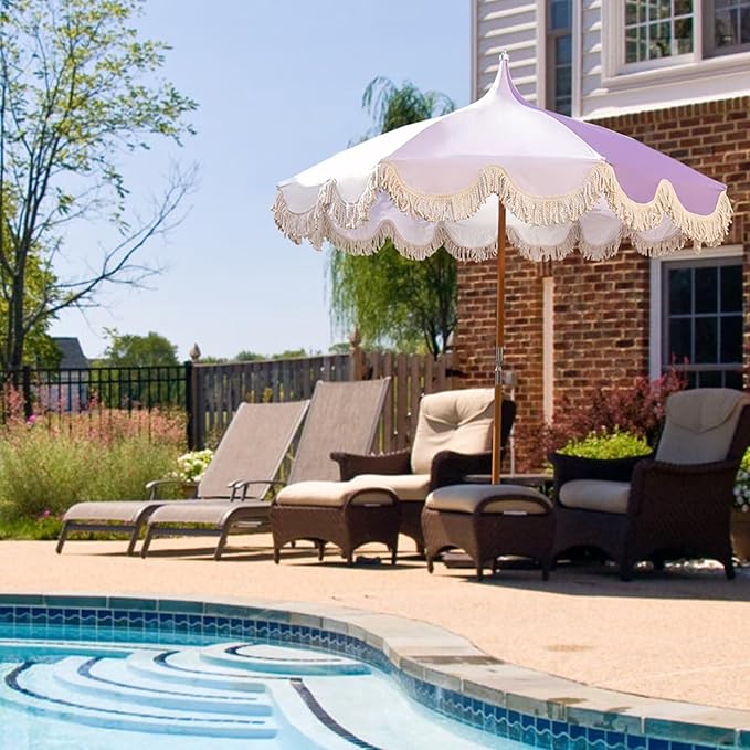 6.5ft Pagoda Beach Umbrella with Fringe, UPF 50+ Boho Umbrellas with Carry Bag, Premium Wood Pole Foldable Tassel Umbrella for Outdoor Garden Lawn Pool Yard Table