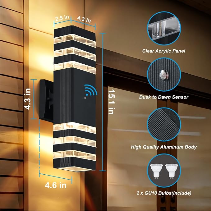 DASTOR Dusk to Dawn Outdoor Wall Lights, Modern Exterior Sconce Lighting Fixtures, Up and Down Outdoor Porch Lights, Aluminum Waterproof Outside Lights for House Porch Garage, 2 Pack