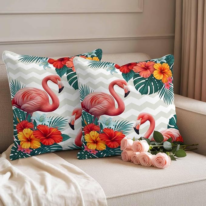 Pink Flamingos Outdoor Pillow Covers 16"x16" Set of 2, Summer Red Hibiscus Flower Tropical Plant Wave Stripes Waterproof Throw Pillow Covers for Patio Furniture, Decorative Cushion Covers for Porch