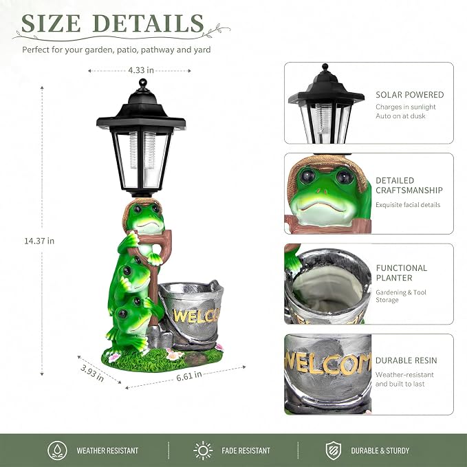 Solar Frog Outdoor Garden Statue with Flowerpot & Lantern | Resin Frog Figurine for Yard Art Lawn Ornaments Porch Patio Balcony - Gifts for Housewarming Birthday