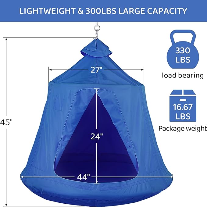 TLSUNNY Hanging Tree Tent for Kids Adults, Hanging Tent Indoor Outdoor 45 H x 44 Diam, Portable Waterproof Play Tent w/LED Lights String, Tree House Swing Pod, Hangout Huggle pod Ceiling Hammock 330LB