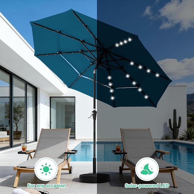 JEAREY 3 Tiers Patio Umbrella with Solar Lights 9ft Outdoor Market Table Umbrellas with Push Button Tilt for Outside Pool Garden, Lake Blue