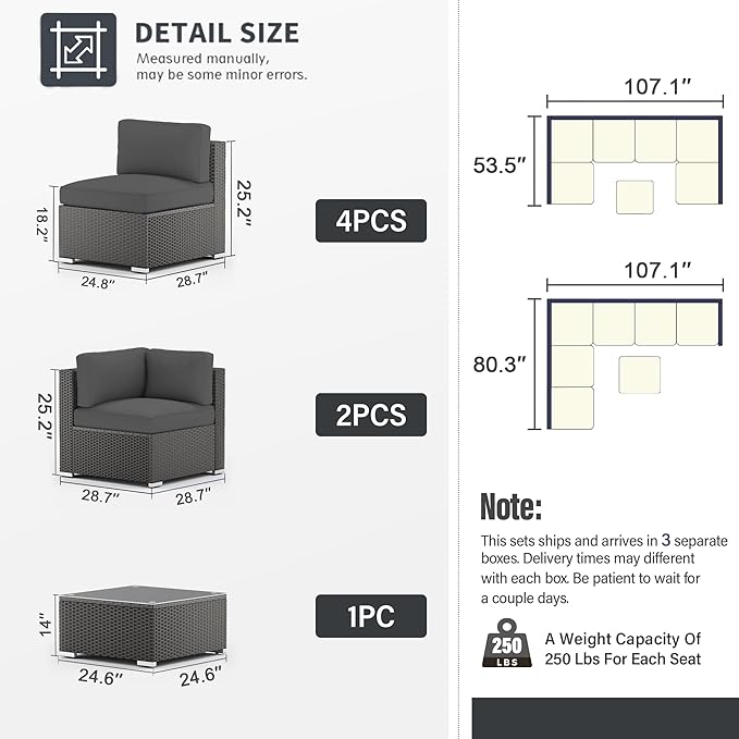 SOLAURA 7 Pieces Outdoor Patio Furniture Set, Black Brown Rattan Outdoor Patio Sectional Conversation Set, Modular Sofa Set with Coffee Table, Grey (Include Sofa Cover)