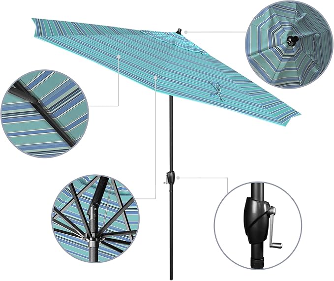California Umbrella 12-Year Protection 9' Rd Aluminum Patio Umbrella, Crank Lift, Auto Tilt, Black Finish, Sunbrella Dolce Oasis