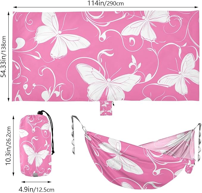 Peach Plants Butterfly White Silhouette 330lb Capacity Hammocks for Camping with Hanging Ropree Hammock for Outside Patio Backyard Poolside hamaca de Algodon para Jardin