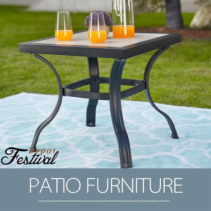 Festival Depot 21" Metal Outdoor Side Table Patio Bistro Square Dining Table Ceramics Top with Steel Legs (20.9"x 20.9"x 19.7"H)