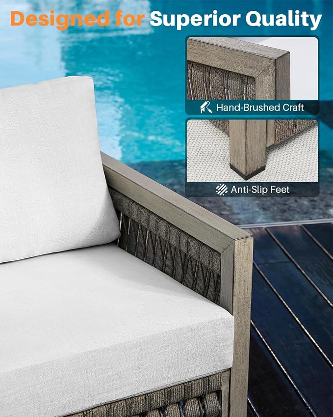 3-Piece Patio Furniture Set, Aluminum Patio Bistro Set with Washable Cushions, Rope Weave Patio Conversation Set with Side Table, Outdoor Furniture Set for Garden, Balcony, Deck, Gray Oak