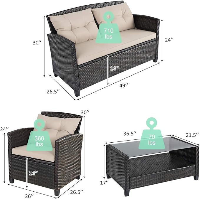 Tangkula 4-Piece Outdoor Rattan Furniture Set, PE Rattan Wicker Sectional Sofa with Loveseat Chair & Glass Table, Patio Cushioned Conversation Sets for Backyard Porch Garden Poolside (1, Brown)