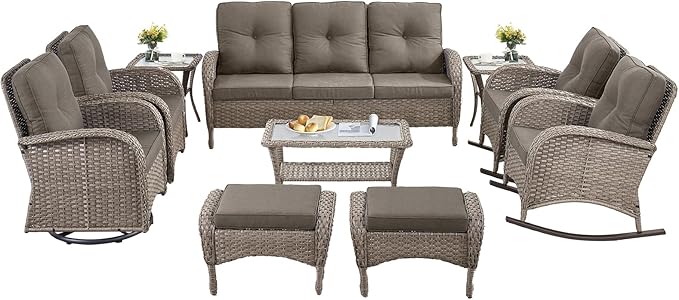 10-Piece Patio Furniture Set-Patio Rocking Chairs Set of 4 Outdoor Rattan Sofa Sets with Coffee Table Outdoor Patio Furniture Sets for Deck Porch Garden Balcony Poolside-Grey/Grey