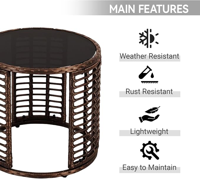 Kinfant Round Outdoor Wicker Coffee Table – Patio Side Table with Tempered Glass Top, Ottoman Style End Table for Balcony, Porch, Deck, Garden, Weather-Resistant Rattan, Easy Assembly