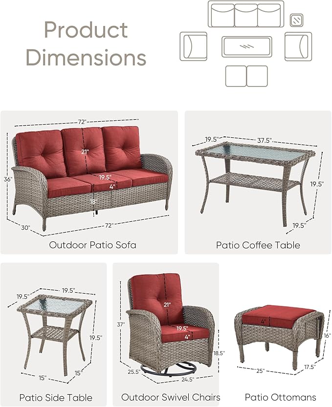 7 Pieces Outdoor Patio Furniture-Swivel Patio Chairs Set of 2 Outdoor Wicker Rattan Sofa Couch with Ottoman Outdoor Conversation Set for Deck Porch Garden Balcony Poolside-Grey/Red