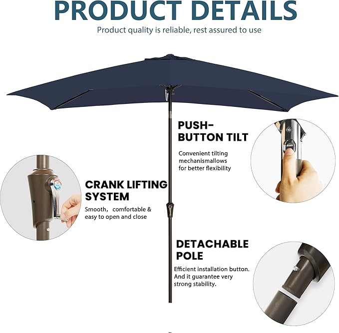 6.5x10FT Rectangular Patio Umbrella with Push Button Tilt & Crank Lift for Garden,UV Protection Outdoor Umbrella for Deck,Pool and Yard,Navy