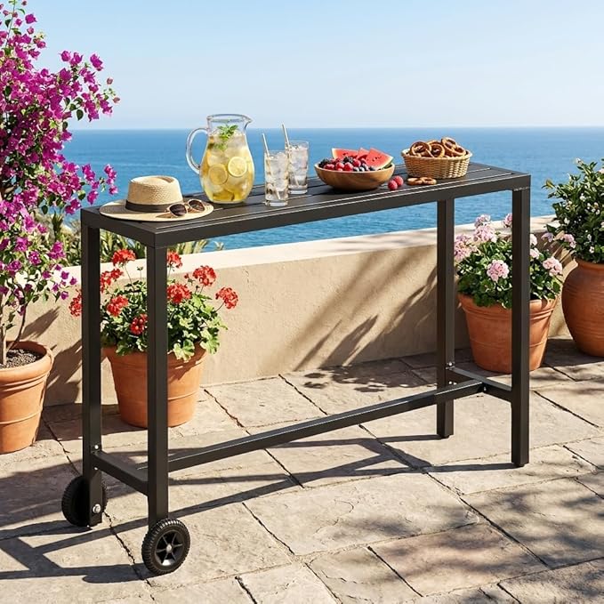 YITAHOME Metal Outdoor Patio Bar Table, 55" Tall Bar Height Table with Wheels, Narrow Rectangle Console Table for Balcony Garden Poolside, Black