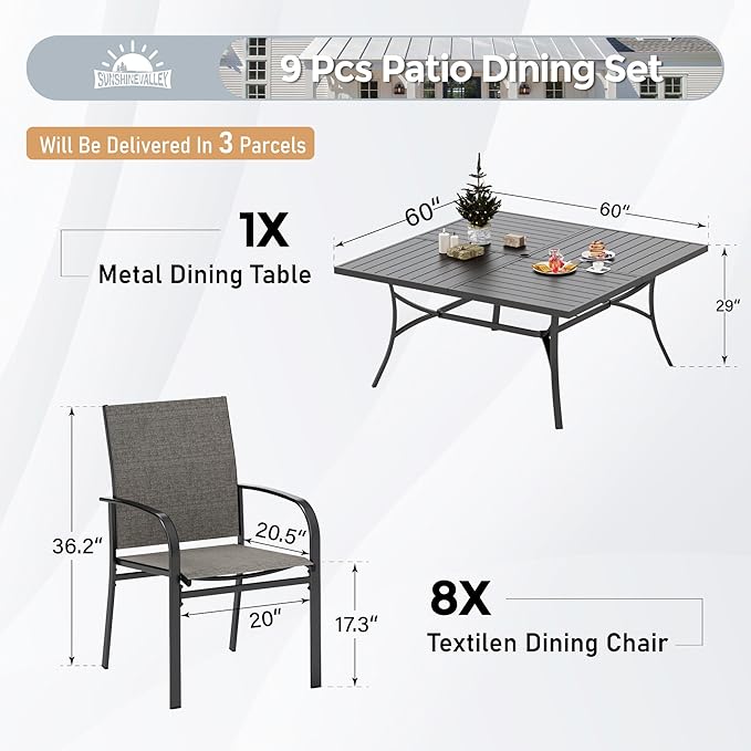 SUNSHINE VALLEY Patio Dining Set for 8, 60" x 60" Square Metal Table with Umbrella Hole, 8 x Stable Brown Dining Chairs, Outdoor Table and Chairs Set for Lawn Backyard and Deck