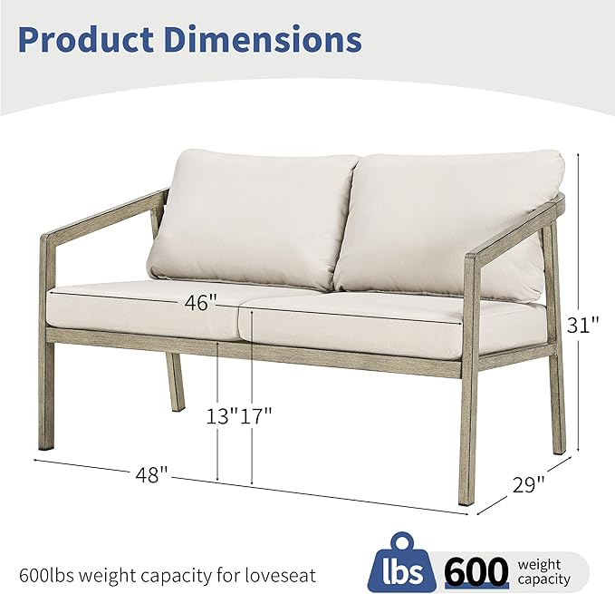 Patio Conversation Sets Outdoor Loveseat Sofa, Aluminum Patio Sofa Chairs with Washable Thick Cushions, Modern All-Weather Patio Furniture Sets for Garden, Backyard, Porch (Grey+Beige)
