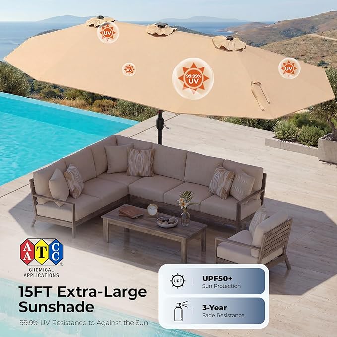 HOMSHADE Double Sided Patio Umbrellas - 15ft Solar Lights LED Lighted Outdoor Extra Large Market Table Umbrella with Base Included, Oversized Umbrella for Deck, Pool, Backyard (Beige)