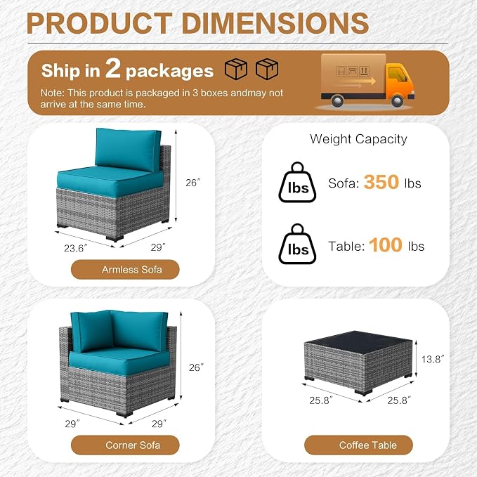 MOCHITO 7 Pcs Outdoor Patio Furniture Sets Grey Rattan Turk Blue Cushions | All-Weather Sectional Sofa, with Glass Table, PE Rattan Wicker Patio Furniture , Washable Cushions, for Balcony Porch Garden