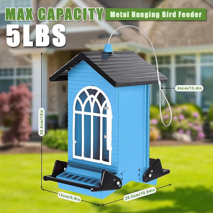 Gbekery Squirrel Proof Bird Feeder for Outdoors,5LB Large Capacity,Metal Wild Bird Seed Feeder with Bilateral Weight-Activated Perches for Outside Hanging,Garden Decoration,Blue