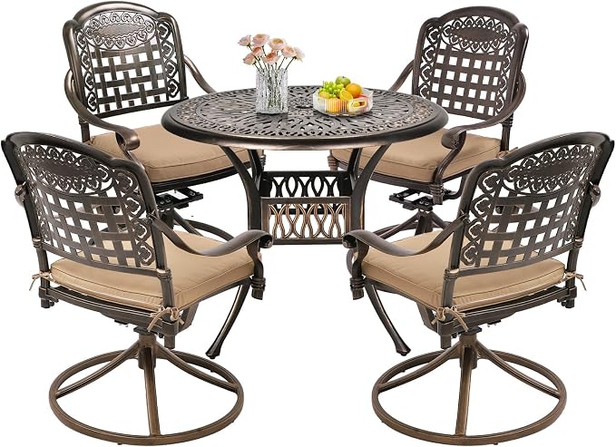 TITIMO 5-Piece Cast Aluminum Outdoor Patio Dining Set, 4 Pattern Chairs and Table,Cast Aluminum Conversation Set with 2.2” Umbrella Hole (Mesh Back Khaki Cushion, 1 Round Table + 4 Swivel Chairs)