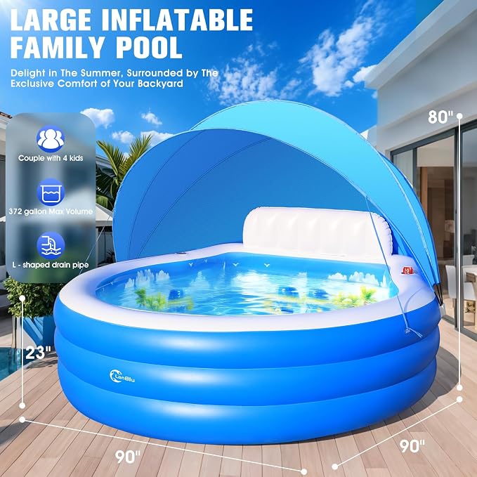 2026 Upgraded Inflatable Pool with Canopy, Inflatable Family Lounge Pool, Round Blow Up Pool for Adult with Bench & Backrest, Swim Center Easy Backyard Pools for Adults, 90"x90"x80", Cyan