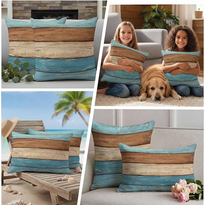 Farmhouse Light Blue Brown Outdoor Waterproof Pillow Covers, Vintage Wooden Striped Decorative Square Throw Pillowcase Sofa Cushion Sham for Patio/Couch/Chair, 16"x16" 2 Pack