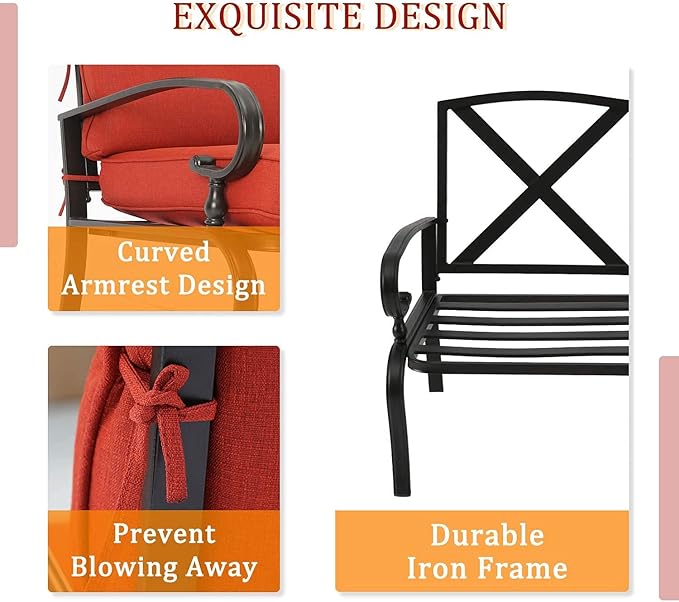 Outdoor 2 Pcs Patio Loveseat Bench Set with Bistro Coffee Table and Patio Steel Frame Sofa with Cushion, Wrought Iron Look, Lawn Front Porch Garden (Red)
