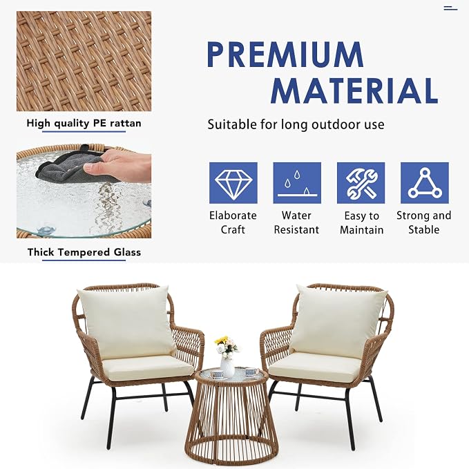 EROMMY 3-Piece Patio Conversation Bistro Set, Outdoor All-Weather Wicker Balcony Furniture with Tempered Glass Top Table & 2 Wide Ergonomic Armchairs, Seat Cushions for Porch, Backyard, White