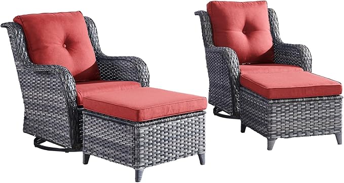 Outdoor Swivel Chairs-Patio Swivel Glider Chairs with Ottomans Outdoor Conversation Set for Deck Balcony Poolside Backyard-Grey/Red