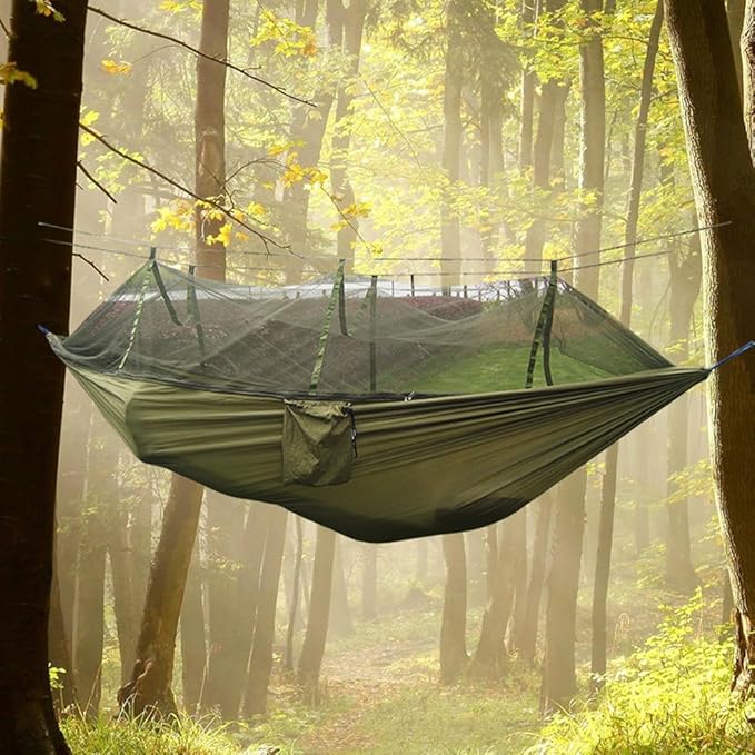 ELEOPTION Camping Hammock with Mosquito net Portable Outdoor Bed Robust Hammock from Parachute Silk max. Load Capacity 200kg Perfect for Home Garden Forests Travel Hiking etc (Military Green)