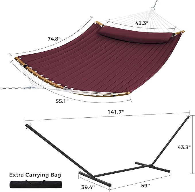 SUPERJARE Curved-Bar Hammock with Stand, 2 Person Heavy Duty Hammock Frame, Detachable Pillow & Portable Carrying Bag, Perfect for Outdoor & Indoor, Burgundy