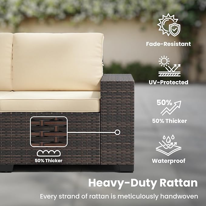 Soohow 7-Piece Patio Furniture Set with 44" Fire Pit Table, Outdoor Sectional Wicker Rattan Conversation Set for Garden, Porch, Backyard - Beige Cushions