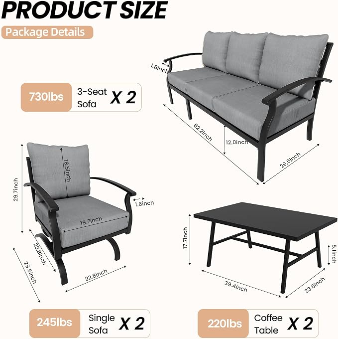 Metal Patio Furniture Set,6 Pieces 8 Seats Patio Sectional Outdoor Furniture Set with 2 Rectangular Coffee Tables,Patio Conversation Sets with 5.1" Thickened Cushions,Grey