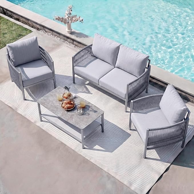 Aluminum Patio Furniture Set, 4 Seats Modern Outdoor Sectional Furniture with PE Rope & Dual-Layer Coffee Table, Luxury Patio Conversation Sets with 6" Cushions for Backyard/Garden, Silver