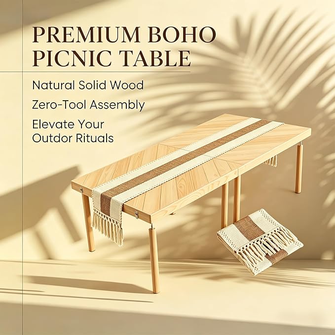 60" x 30" Foldable Wooden Picnic Table, Natural Solid Wood Table | Portable with Carry Handle, Tool-Free Assembly, For Beach, Camping, Living Room, Includes Table Runner