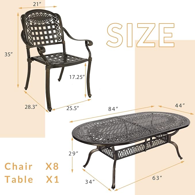 9-Piece Patio Dining Set, Outdoor Patio Table and Chair Set of 84” Oval Cast Aluminum Dining Table with Umbrella Hole and 8 Outdoor Dining Chairs, Patio Funiture Set for Lawn Garden