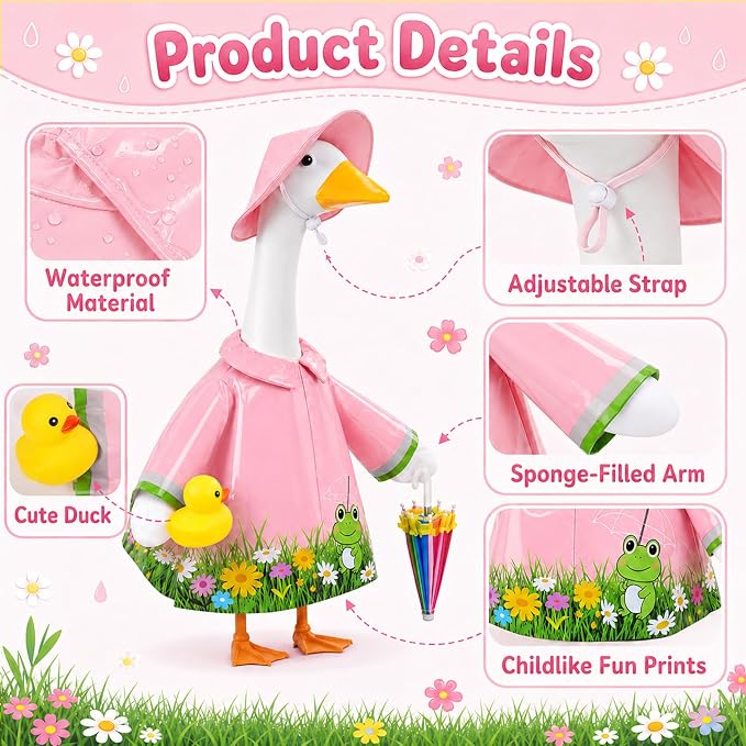 GJL Porch Goose Raincoat Outfit Fits 23 Inch Plastic Cement Goose Statue, Lawn Goose Clothes Set with Umbrella and Hat for Spring Summer Outdoor Yard Garden Decor (Pink-01)