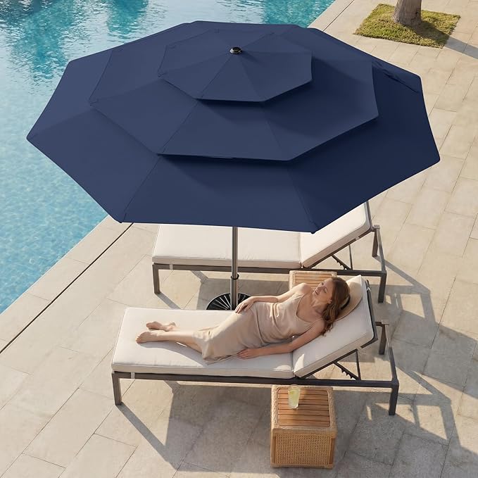 HOMSHADE 9FT 3-Tier Solar Patio Umbrella Heavy Duty,Vented Market Table Umbrella Windproof with 32 LED Lights,UPF50+,5-Year Fade Resistant,8 Thicker Ribs for Pool,Lawn,Garden,Deck (Navy Blue,No Base)