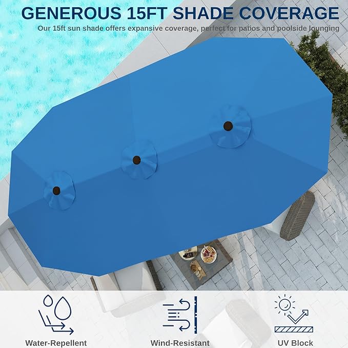 15FT Large Patio Umbrella with Base, Double Sided Rectangular Outdoor Umbrella with Sturdy Fiberglass Ribs, UPF 50+ Sun Protection, Wind-Resistant, Waterproof Fade-Resistant Fabric for Pool, Garden, Backyard, Deck(Royal Blue)
