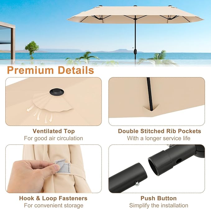 Giantex Patio Umbrella with Base, Double-Sided Outdoor Umbrella with Crank Handle, Umbrella Base Stand with 2 Sandbags, 12 Metal Ribs, Market Umbrellas for Garden Poolside Deck