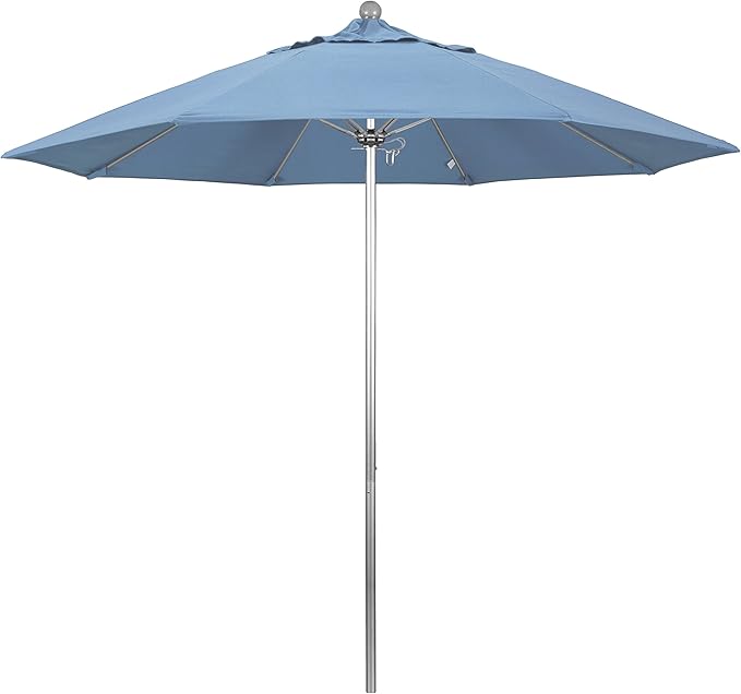 California Umbrella 9' Rd. Venture Series Contract Grade Patio Umbrella, Push Open Pin Stop, Silver Finish, Sunbrella Air Blue