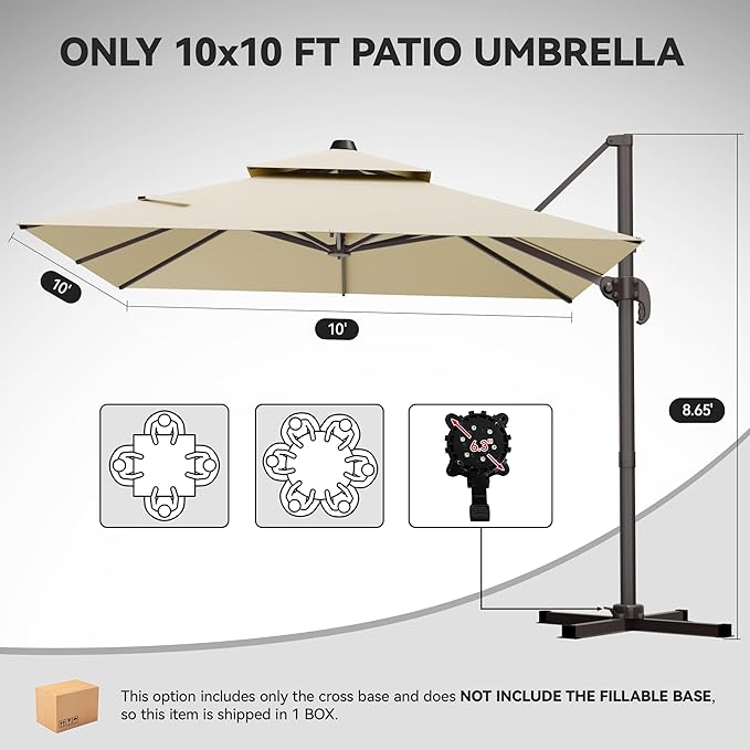 GENTEACO 10X10 FT Cantilever Umbrella, Large Offset Patio Umbrella with Double Top, 6 Angle Tilts & 360° Rotation, Large Square Sun Umbrellas for Outdoor Patio Pool Deck Market, Beige