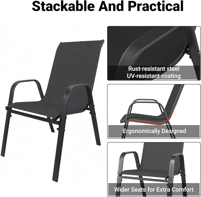 5 Piece Patio Dining Set, Stackable Outdoor Chairs Set of 4 with Textilene Fabric, 37.8" Wood-Grain Square Table with Umbrella Hole for Backyard Lawn Party (1 Table + 4 Chairs) (Black)