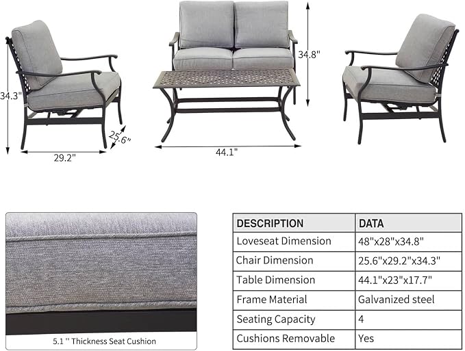 Patio Conversation Set 4 Pieces Cushioned Outdoor Furniture Sets with All Weather Frame Grey Cushion for Porch Backyard Lawn
