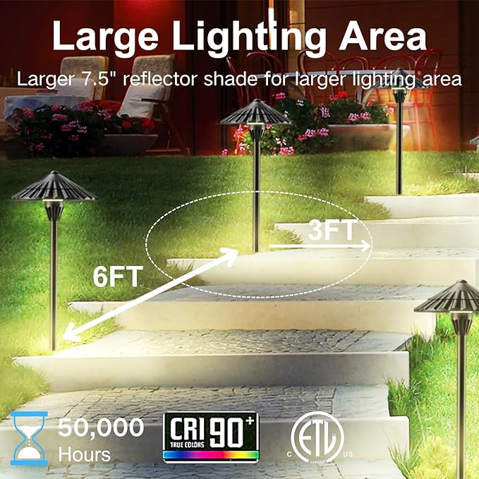 12 Pack 3000K Low Voltage Landscape Lights, 5W 500LM Outdoor Pathway Lighting, 12V IP65 Waterproof Landscape Path Lights for Walkway Yard Garden, CRI 90+, Aluminum, ETL Listed Cord