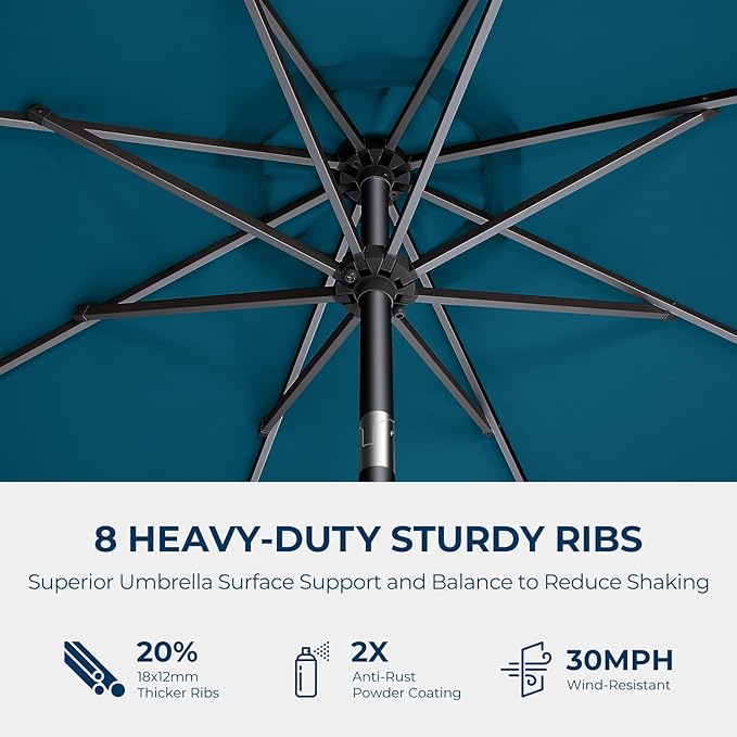HOMSHADE 9ft Solar Patio Umbrella - Solar Lights LED Lighted Outdoor Market Table Umbrella, UPF50+ UV Protection with Push Button Tilt, Crank for Pool Deck and Garden (Peacock Blue)