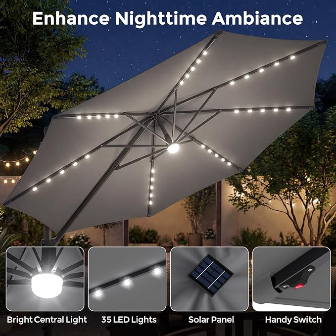 Tangkula 10ft Patio Umbrella with Solar Lights, Offset Cantilever Square Outdoor Umbrella with 35 LED Lights, Aluminum Pole, 360 Degree Rotation, Tilt Adjustment, Air Vent for Pool Deck Yard (Gray)