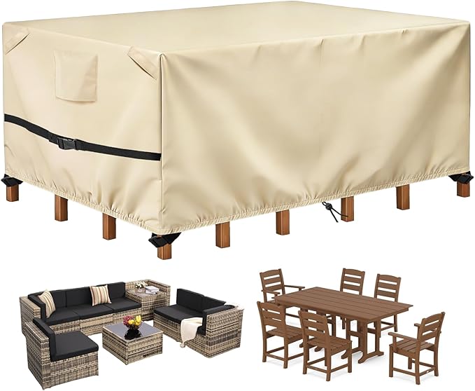 POMER Rectangular Patio Furniture Covers-Outdoor Furniture Covers Waterproof,600D Table and Chairs Cover for All-Weather Protection 76L X 48W X 32H Inch Beige
