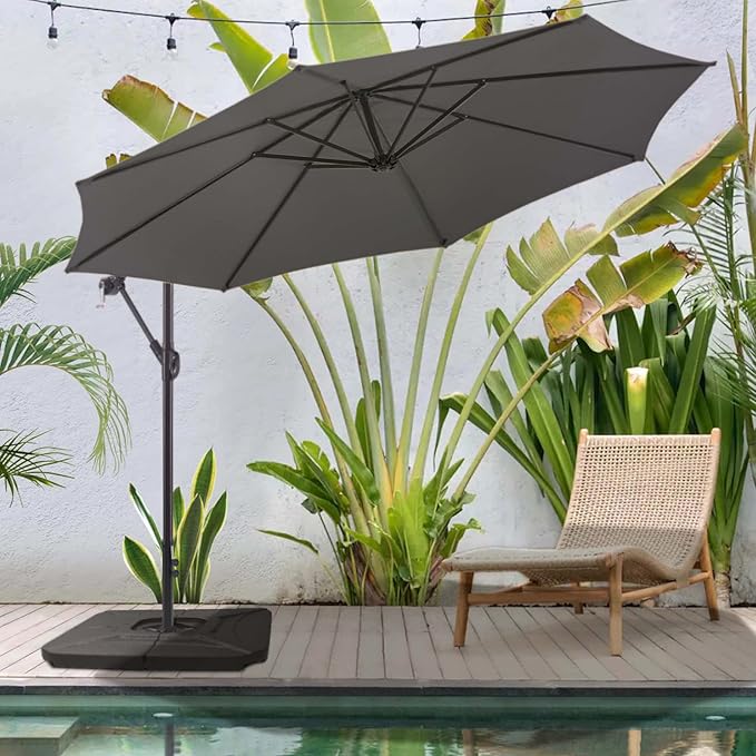 BLUU 10 FT Patio Offset Umbrella Outdoor Cantilever Umbrella Hanging Umbrellas, Fade Resistant & Waterproof Solution-Dyed Canopy Fabric with Infinite Tilt, Crank & Cross Base (Dark Grey)