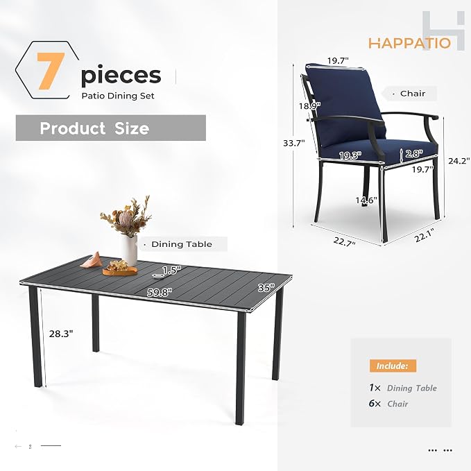 HAPPATIO 7-Piece Patio Dining Set, Outdoor Dining Set with Powder-Coated Metal,Dining Table with Umbrella Hole, 6 Stackable Chairs with Removable Cushions for Porch Poolside Garden, Navy Blue