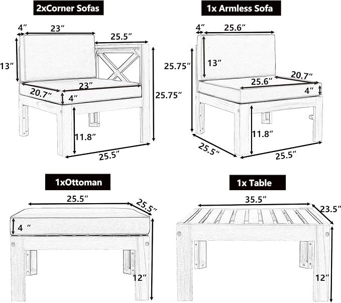 5-Piece Outdoor Backyard Patio Set, Acacia Wood Sectional Sofa Seating Group Set with Tea Table and Cushions, Conversation Furniture Set for Garden Backyard Poolside (Natural Finish+ Blue Cushions 2)